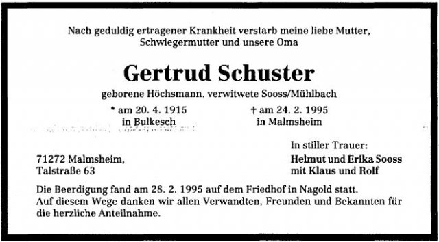 Hoechsmann Gertrude 1915-1995 Todesanzeige